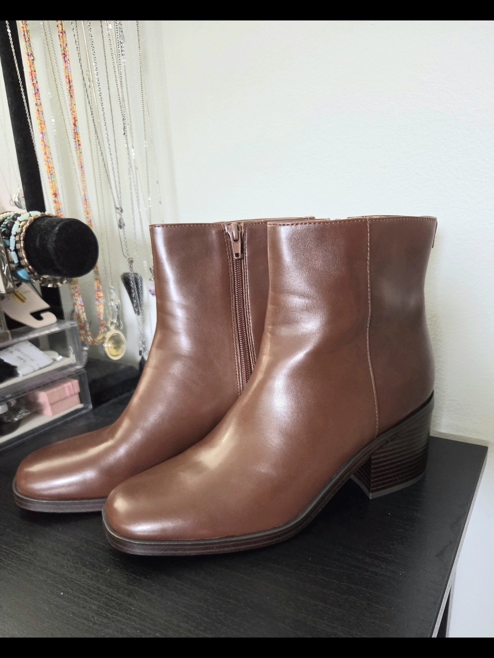 Nine West Amatto Cognac Brown Leather Ankle Booties with Block Heel